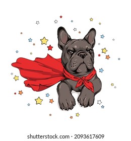 Cute french bulldog in superhero cape.  Stylish image for printing on any surface