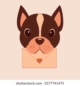 Cute french bulldog with valentine letter.Cartoon pet. Happy Valentines day. Flat design.