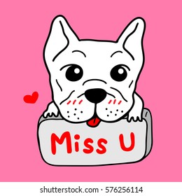 Cute french bulldog vector holding label with wording miss u