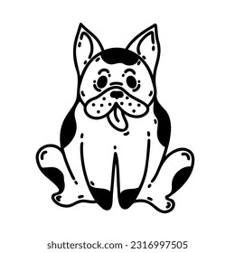 Cute french bulldog vector icon. Spotted black and white dog smiles and sits with his tongue hanging out. Funny purebred puppy, friendly pet. Simple doodle, sketch. Clipart for cards, posters, print