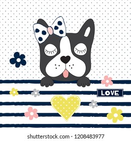 cute french bulldog vector illustration, cute dog with flowers, T-shirt graphics design