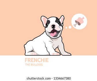 A cute French Bulldog is waiting for food, and the favorite one just shows in a thinking bubble. A cute French Bulldog waiting for food, with its favorite treat shown in a thought bubble.