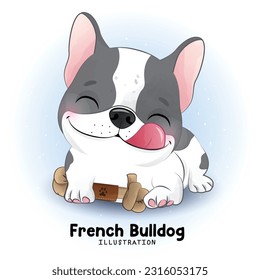 Cute French Bulldog with watercolor illustration