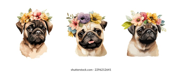 Cute French Bulldog watercolor isolated white background  Cute portrait dog and beautiful spring summer flowers set  Vector illustration