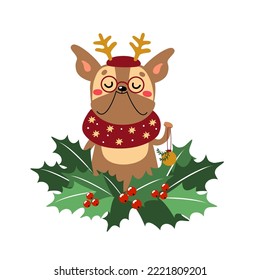 Cute french bulldog wearing deer horns in knitted warm scarf with Christmas wreath. Funny dog on party, happy cartoon pet in winter. Idea for print on cards, vector illustration, isolated, flat design