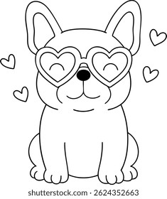 A Cute French bulldog wearing heart shaped glasses, radiating love and joy