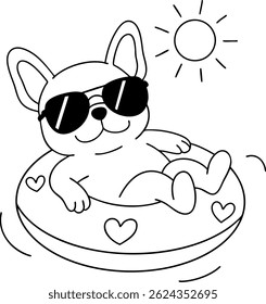 A Cute French bulldog wearing sunglasses, relaxing on float in water under sun