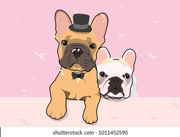 Cute French Bulldog Wedding Couple. Charming French Bulldog wedding couple in a delightful vector illustration. Perfect for celebrating love and special occasions with a furry twist.