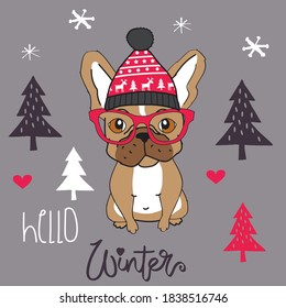 cute french bulldog in winter cap vector illustration, Merry Christmas card with french bulldog