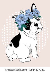 
Cute french bulldog in a wreath of blue flowers