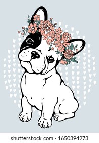 Cute french bulldog in a wreath of  flowers