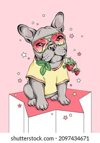 Cute french bulldogdog with a sprig of strawberries. Sweet illustration in hand-drawn style. Stylish image for printing on any surface