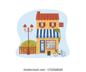 A cute french cafe concept with bicycle and street light and greenery. Cozy coffee shop facade. View on small bakery from outside. Old town city centre cafeteria with yellow facade.Vector cartoon flat