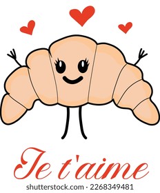 Cute French Croissant Je t'aime with Love Hearts Vector. Birthday, Greetings card, Valentines, Tee, Tote, Logo. Korean Style