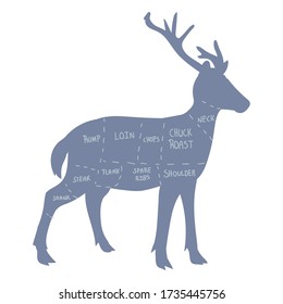 Cute french farmhouse buck butcher chart vector clipart. Hand drawn shabby chic style country farm kitchen. Illustration of venison farm animal livestock ranch graphic. Doe graphic EPS 10. 