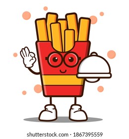 cute french fries cartoon mascot character funny expression holding food cover