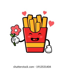 cute french fries cartoon mascot character funny expression giving flower