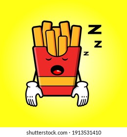 cute french fries cartoon mascot character funny expression tired and sleeping 