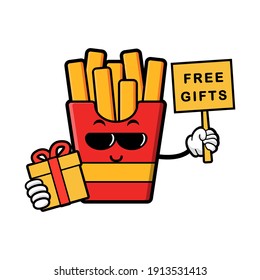 cute french fries cartoon mascot character funny expression  holding gifts box