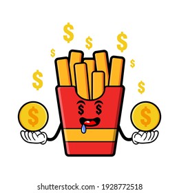 cute french fries cartoon mascot character funny expression with money eye and holding gold coin
