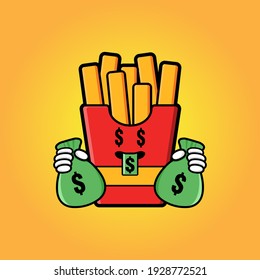 cute french fries cartoon mascot character funny expression with money eye and holding money pouch