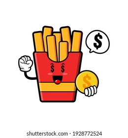 cute french fries cartoon mascot character funny expression holding coin with money eye