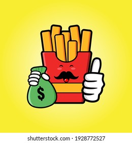 cute french fries cartoon mascot character funny expression holding money pouch with tumb up