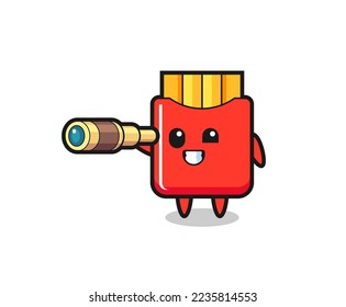 cute french fries character is holding an old telescope , cute style design for t shirt, sticker, logo element