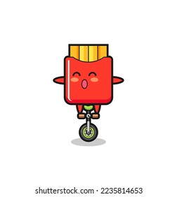 The cute french fries character is riding a circus bike , cute style design for t shirt, sticker, logo element