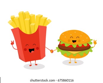 Cute French Fries and Cheeseburger Character Holding Hands