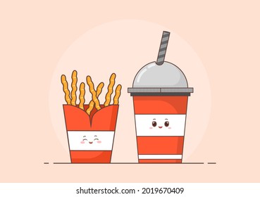 Cute French Fries and Cola Fast Food Background Vector Illustration With Refreshing Ingredients. Tasty Image Meal in Flat Style Design