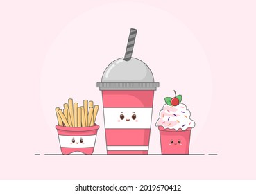 Cute French Fries and Cola Fast Food Background Vector Illustration With Refreshing Ingredients. Tasty Image Meal in Flat Style Design