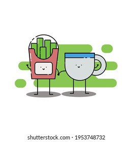 Cute french fries and cup of tea hold hand Illustration. modern simple food vector icon, flat graphic symbol in trendy flat design style. Food character.