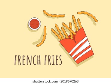 Cute French Fries Fast Food Background Vector Illustration With Refreshing Ingredients. Tasty Image Meal in Flat Style Design