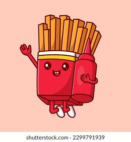 Cute Fries Francesas Con Un Icono Del Vector De Caricatura De Salsa De Ketcup. Vector Premium Aislado De Icono De Festividad Alimentaria. Estilo de dibujo plano