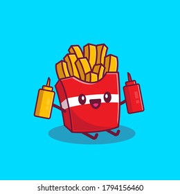 Cute French Fries Holding Tomato Sauce And Mustard Cartoon Vector Icon Illustration. Fast Food Cartoon Icon Concept Isolated Premium Vector. Flat Cartoon Style