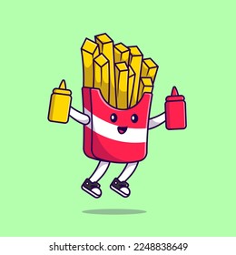 Cute French Fries Holding Tomato Sauce And Mustard Cartoon Vector Icons Illustration. Flat Cartoon Concept. Suitable for any creative project.