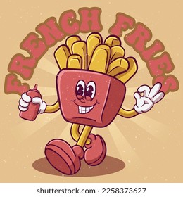 Cute french fries illustration hand drawn trendy cartoon element retro style