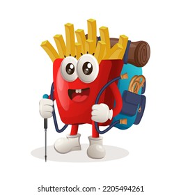 Cute french fries mascot adventure trekking. Perfect for food store, small business or e-Commerce, merchandise and sticker, banner promotion, food review blog or vlog channel
