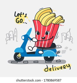 Cute french fries mascot cartoon riding a blue scooter motorcycle on isolated background illustration vector, Food delivery design.

