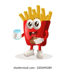 Cute french fries mascot drink milk and eat cookie. Perfect for food store, small business or e-Commerce, merchandise and sticker, banner promotion, food review blog or vlog channel
