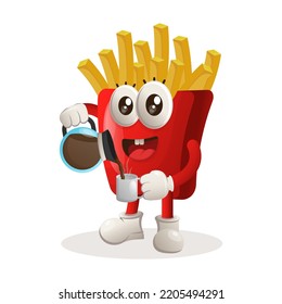 Cute french fries mascot drinking coffee, coffee time. Perfect for food store, small business or e-Commerce, merchandise and sticker, banner promotion, food review blog or vlog channel
