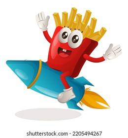 Cute french fries mascot flying on rocket. Perfect for food store, small business or e-Commerce, merchandise and sticker, banner promotion, food review blog or vlog channel
