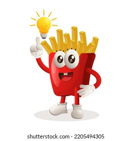 Cute french fries mascot got an idea, bulb idea, inspiration. Perfect for food store, small business or e-Commerce, merchandise and sticker, banner promotion, food review blog or vlog channel
