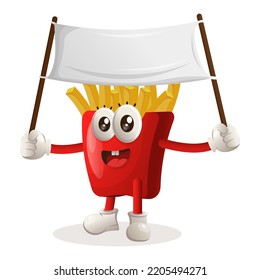 Cute french fries mascot holding blank banner. Perfect for food store, small business or e-Commerce, merchandise and sticker, banner promotion, food review blog or vlog channel
