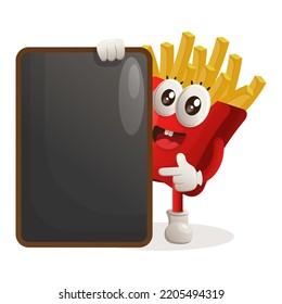 Cute french fries mascot holding menu black Board, menu board, sign board. Perfect for food store, small business or e-Commerce, merchandise and sticker, banner promotion, food review blog or vlog
