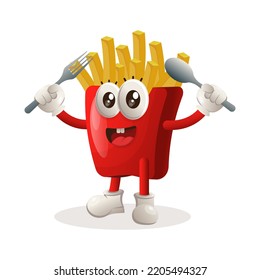 Cute french fries mascot holding spoon and fork. Perfect for food store, small business or e-Commerce, merchandise and sticker, banner promotion, food review blog or vlog channel
