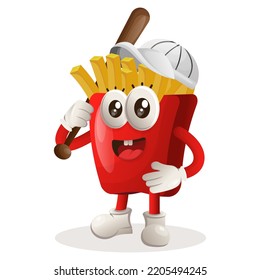 Cute french fries mascot playing baseball. Perfect for food store, small business or e-Commerce, merchandise and sticker, banner promotion, food review blog or vlog channel
