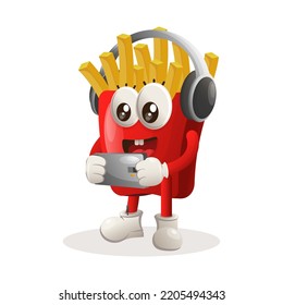 Cute french fries mascot playing game mobile, wearing headphones. Perfect for food store, small business or e-Commerce, merchandise and sticker, banner promotion, food review blog or vlog channel
