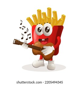 Cute french fries mascot playing guitar. Perfect for food store, small business or e-Commerce, merchandise and sticker, banner promotion, food review blog or vlog channel
